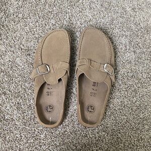 Birkenstock Tan Suede Buckle Mules